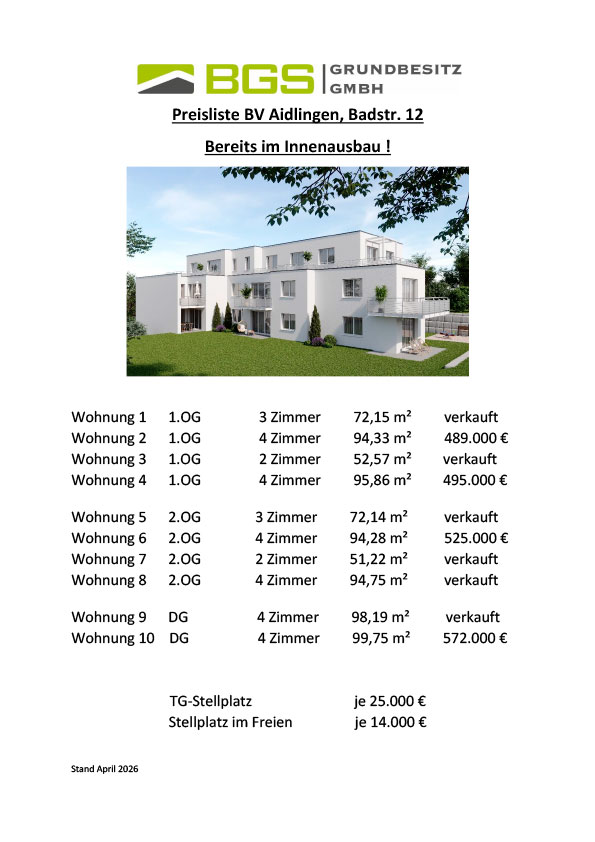Preisliste Preisliste für Wohnung in Aidlingen